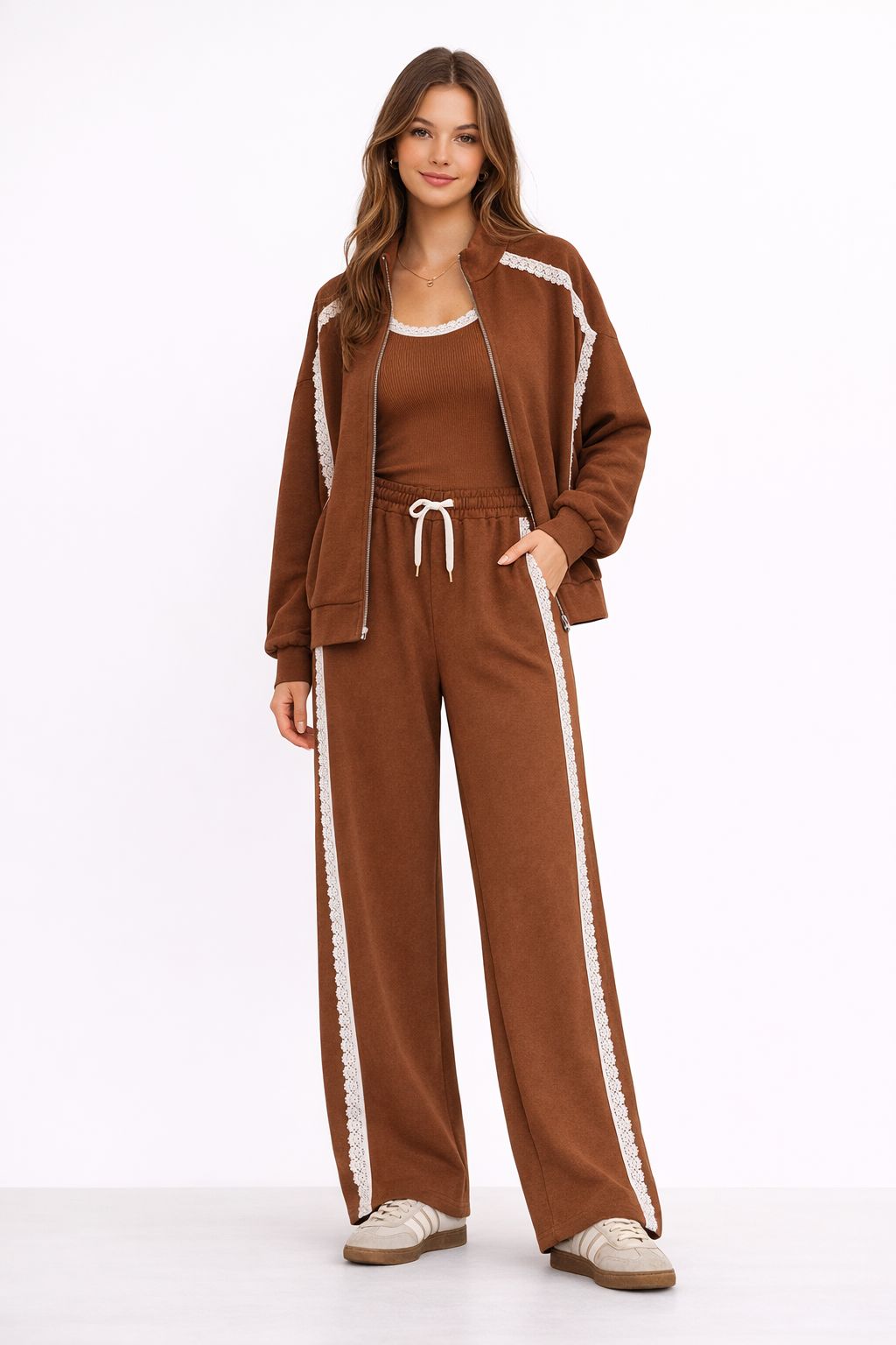 Pantalone burro 100% cotone con inserti in pizzo