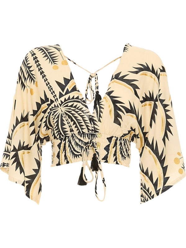 Top fantasia beige nera e oro manica larga - chiusura laccetti 100% viscosa donna