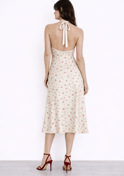 Abito midi bianco con fiori rossi
