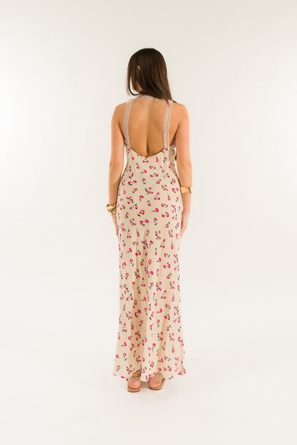 Abito lungo fiori e pizzo 100% viscosa