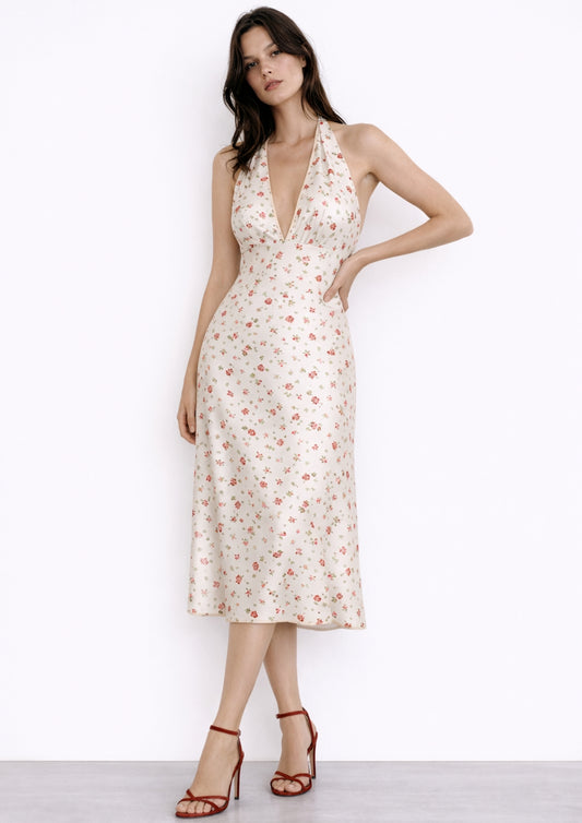 Abito midi bianco con fiori rossi