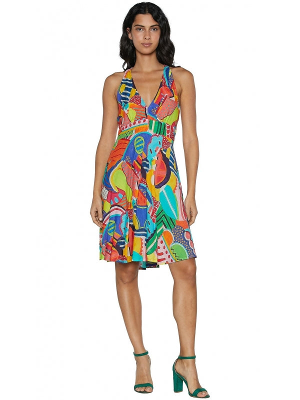 Abito corto fantasia arancio spallina larga 100% viscosa - vestito donna estate