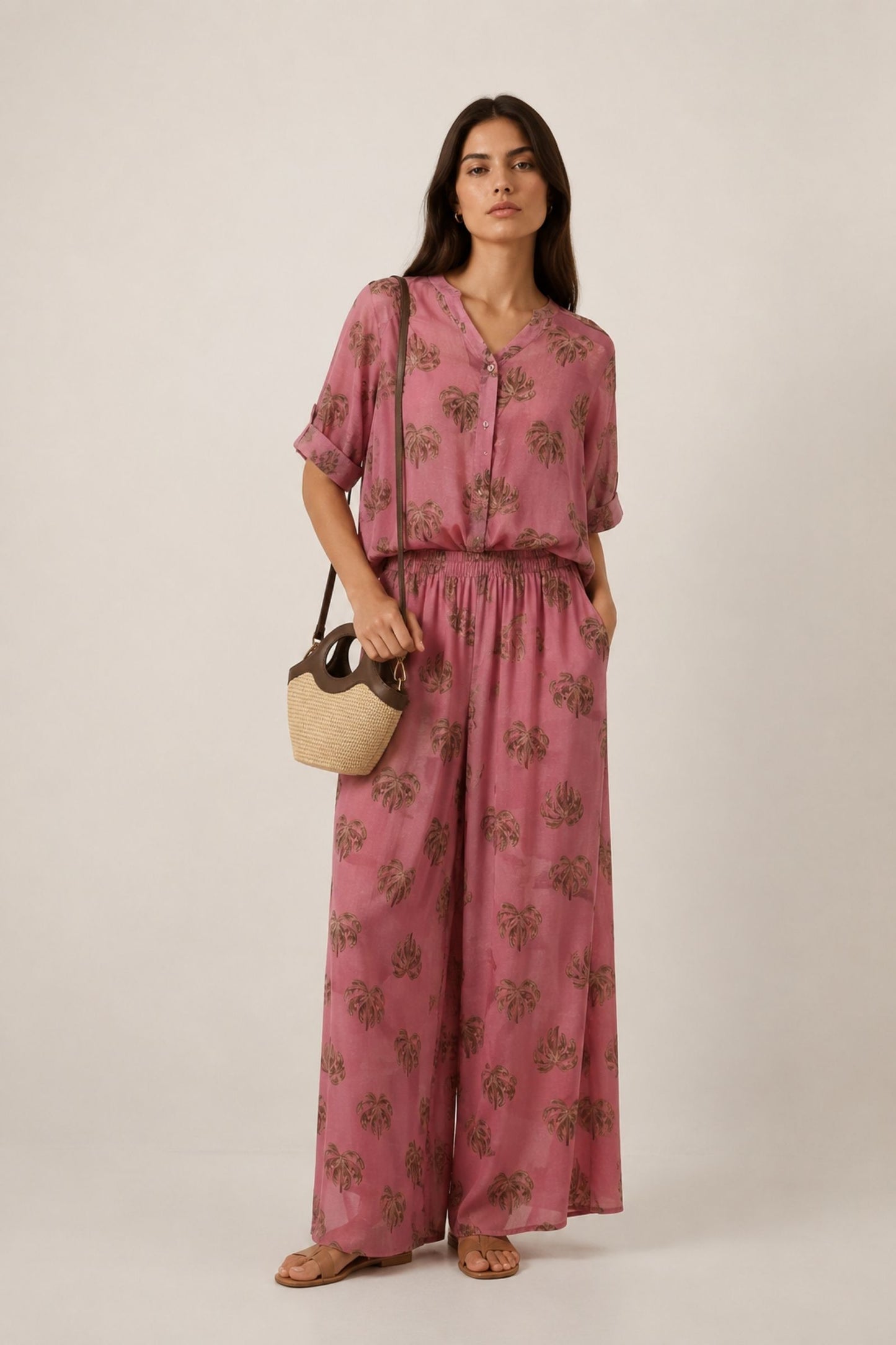 Camicia fantasia palme colletto alla coreana 100% cotone