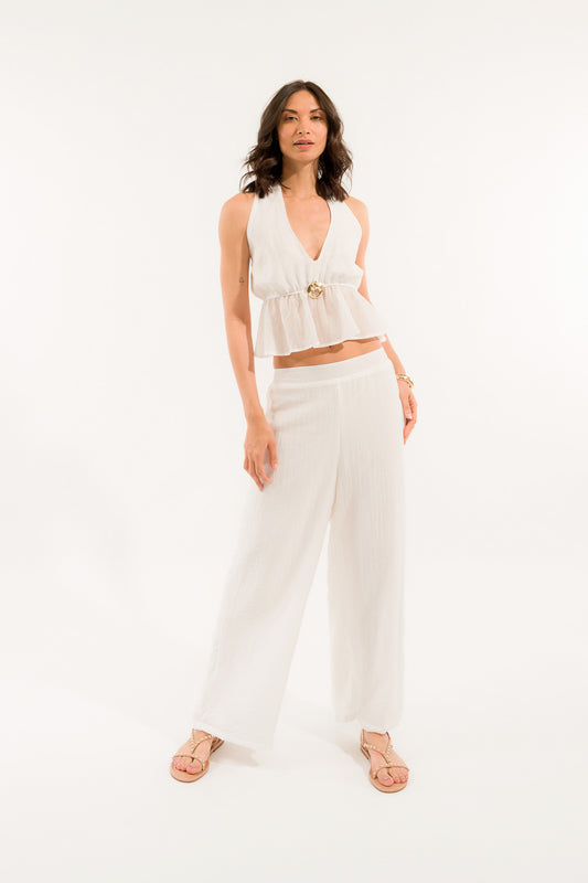 Completo top e pantalone colori azzurro e beige