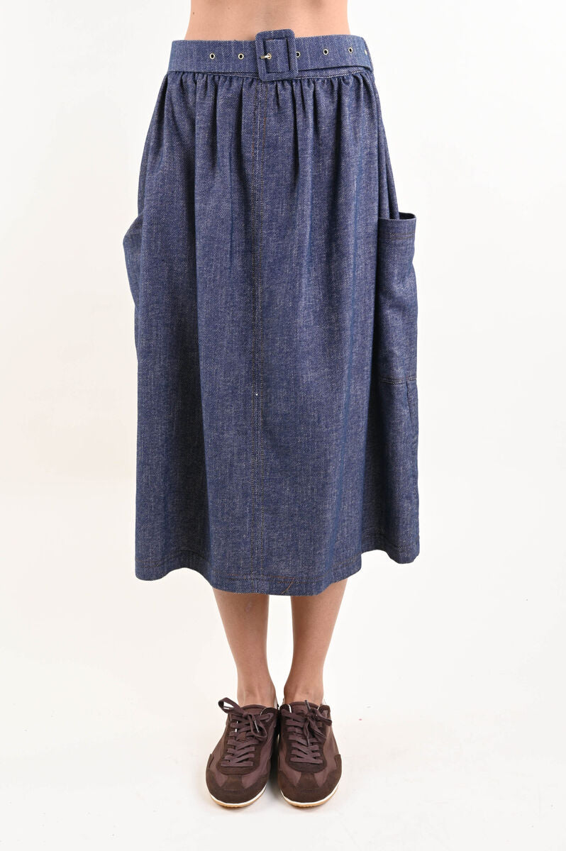 Gonna midi denim in cotone con cintura e tasche