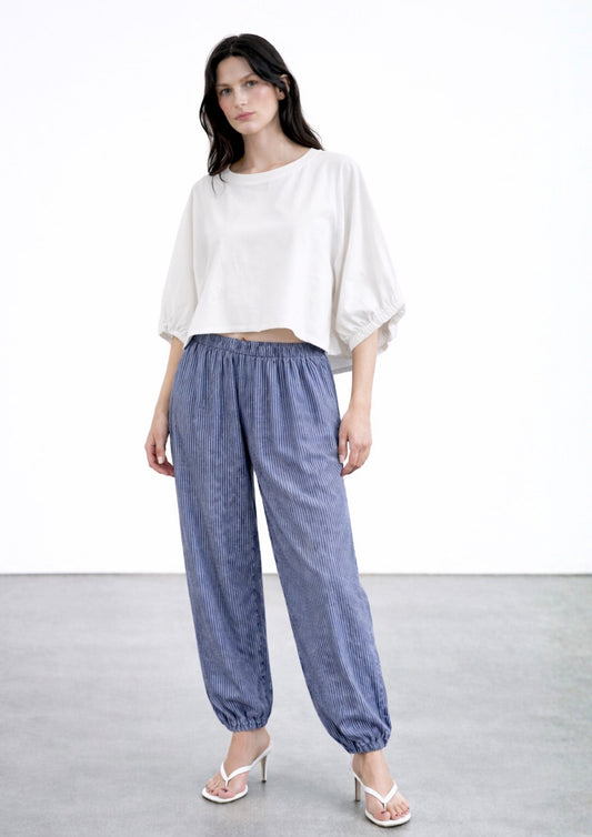 Pantalone balloon rigato in chambray
