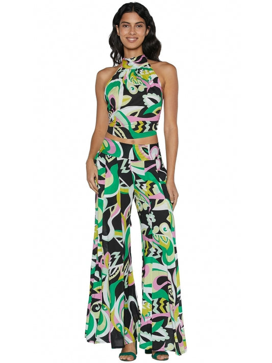 Pantalone fantasia verde nera e rosa 100% viscosa