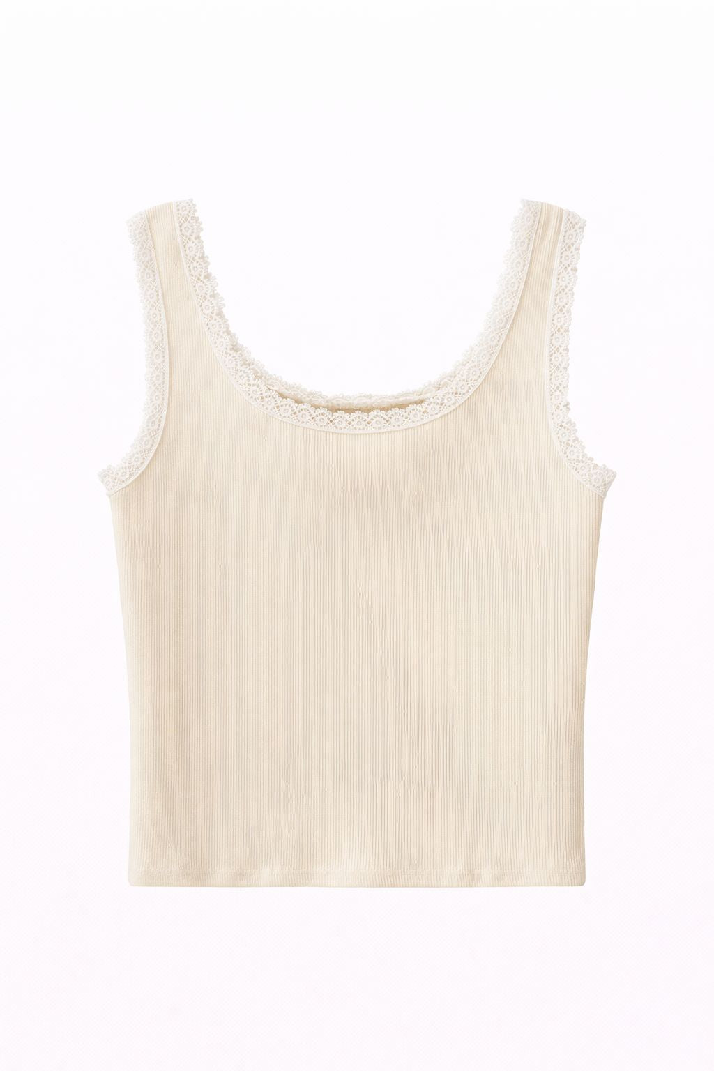 Top color burro a costine con profili in pizzo