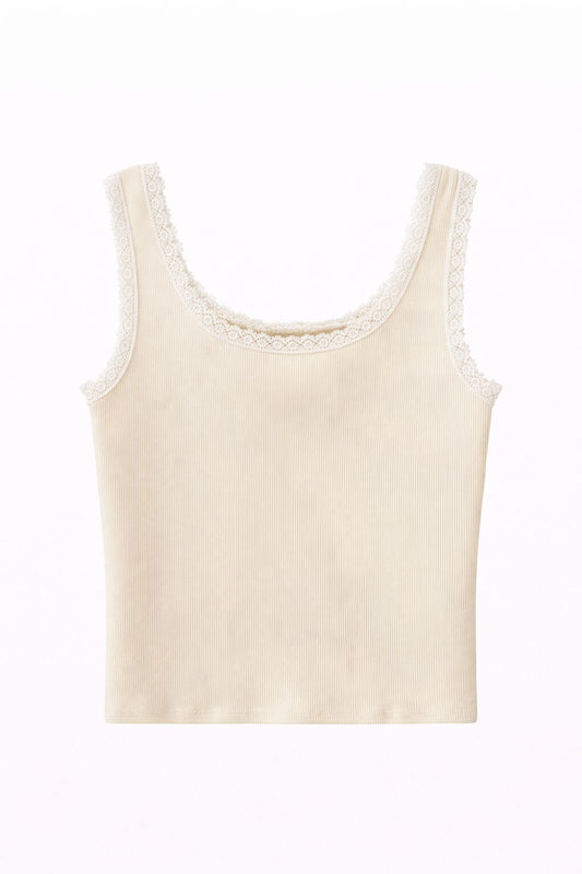 Top color burro a costine con profili in pizzo